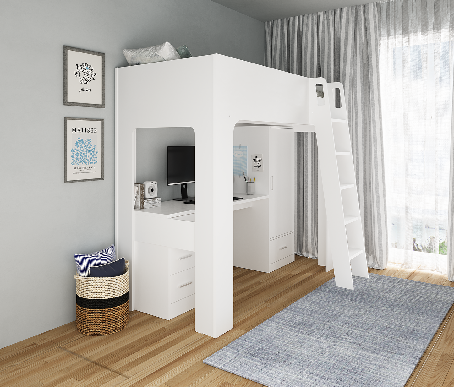Flintshire Eden White Wooden High Sleeper Bed with Desk and Storage