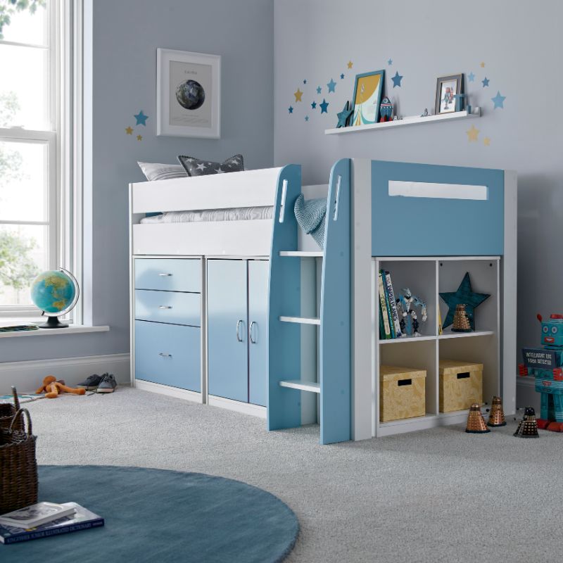 Bedmaster Lacy Blue Storage Mid Sleeper Bed with Drawers and Shelves – 3ft Single