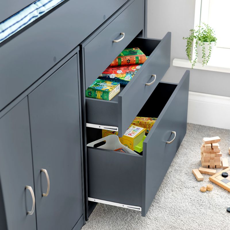 Bedmaster Lacy Grey Storage Mid Sleeper Bed with Drawers and Shelves – 3ft Single