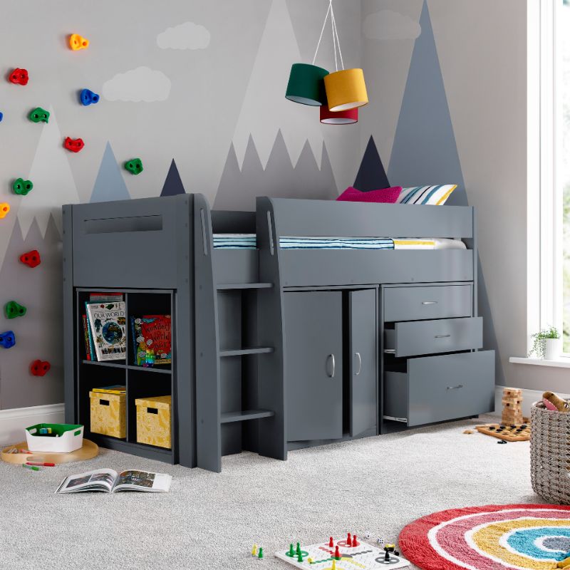 Bedmaster Lacy Grey Storage Mid Sleeper Bed with Drawers and Shelves – 3ft Single