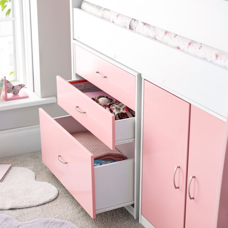 Bedmaster Lacy Pink Storage Mid Sleeper Bed with Drawers and Shelves – 3ft Single