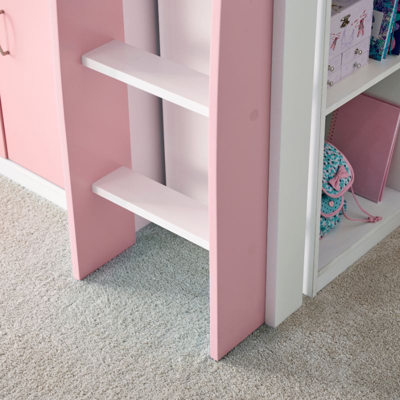 Bedmaster Lacy Pink Storage Mid Sleeper Bed with Drawers and Shelves – 3ft Single
