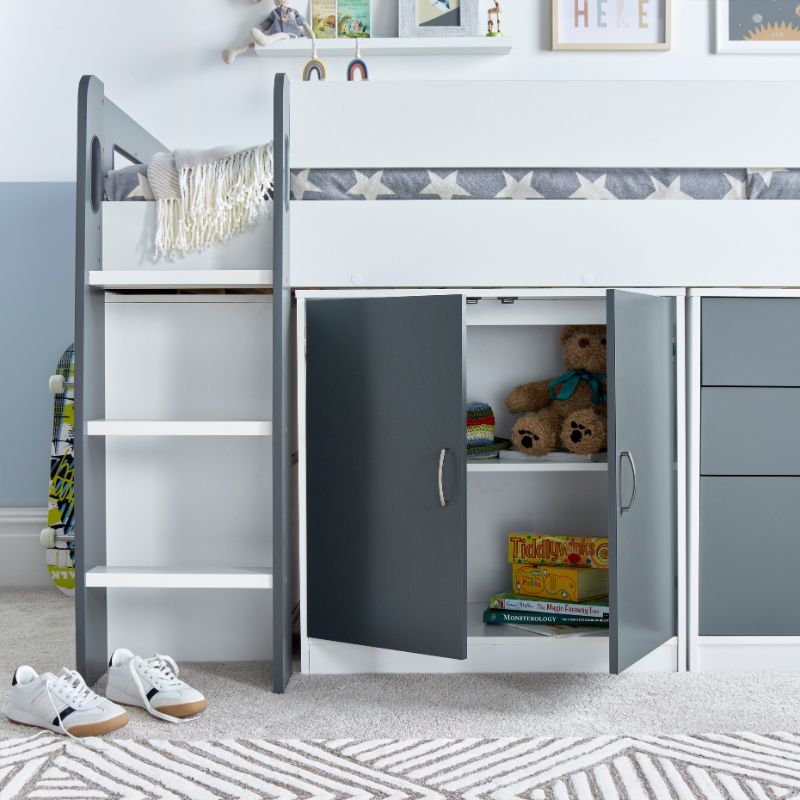 Bedmaster Lacy Grey and White Storage Mid Sleeper Bed with Drawers and Shelves – 3ft Single