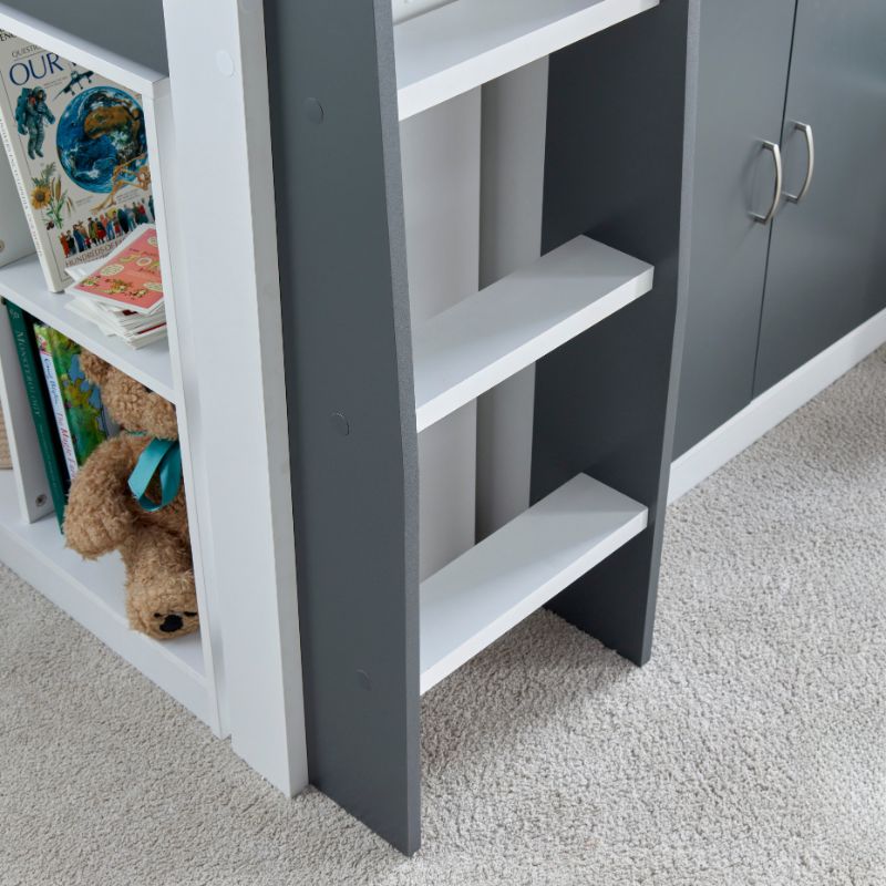 Bedmaster Lacy Grey and White Storage Mid Sleeper Bed with Drawers and Shelves – 3ft Single