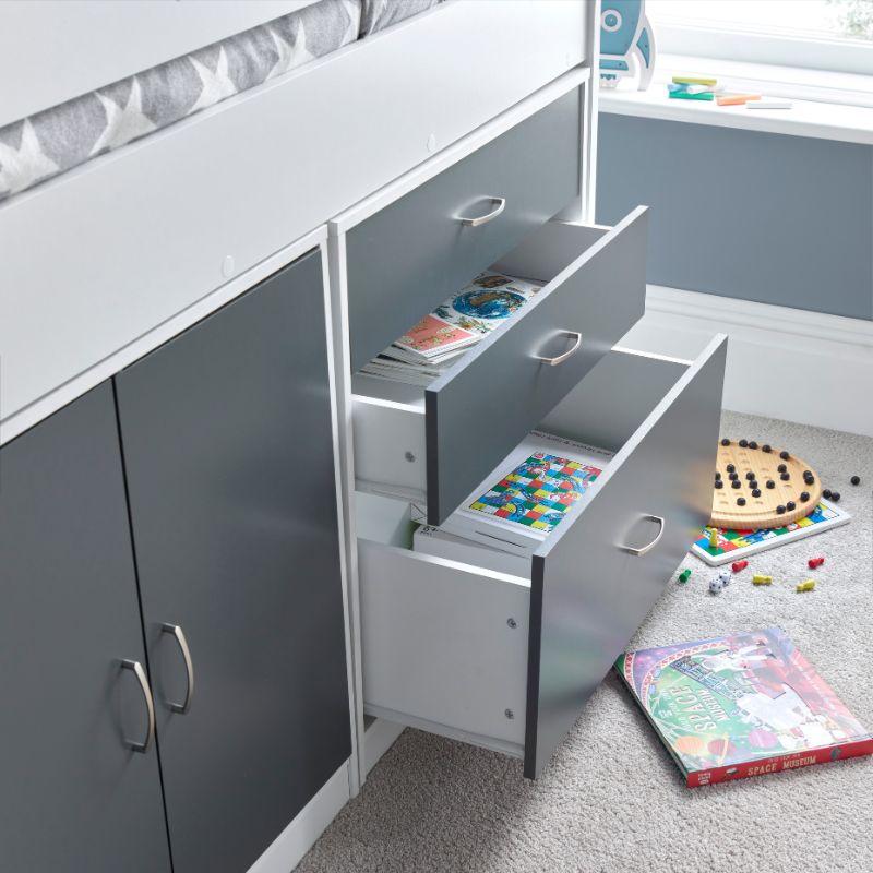Bedmaster Lacy Grey and White Storage Mid Sleeper Bed with Drawers and Shelves – 3ft Single