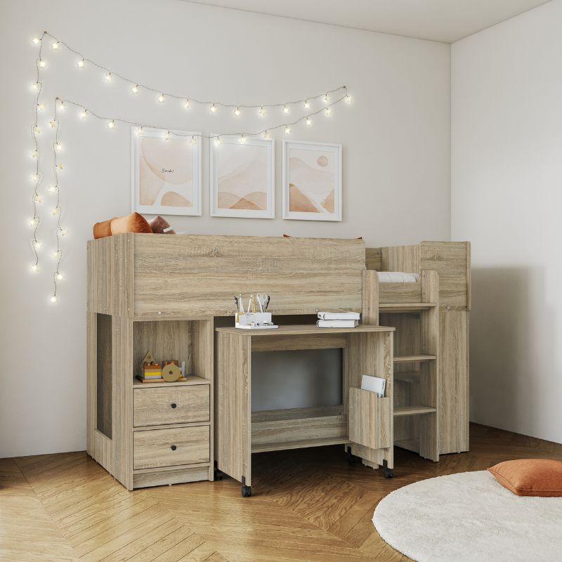 Flintshire Marley Mid Sleeper Bed in Sonoma Oak – Compact and Practical Kids Bed with Desk and Storage