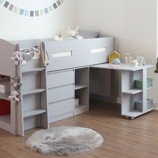 Flintshire Billie Grey Wooden Mid Sleeper Bed – Space-Saving Kids Bed Frame with Storage Options