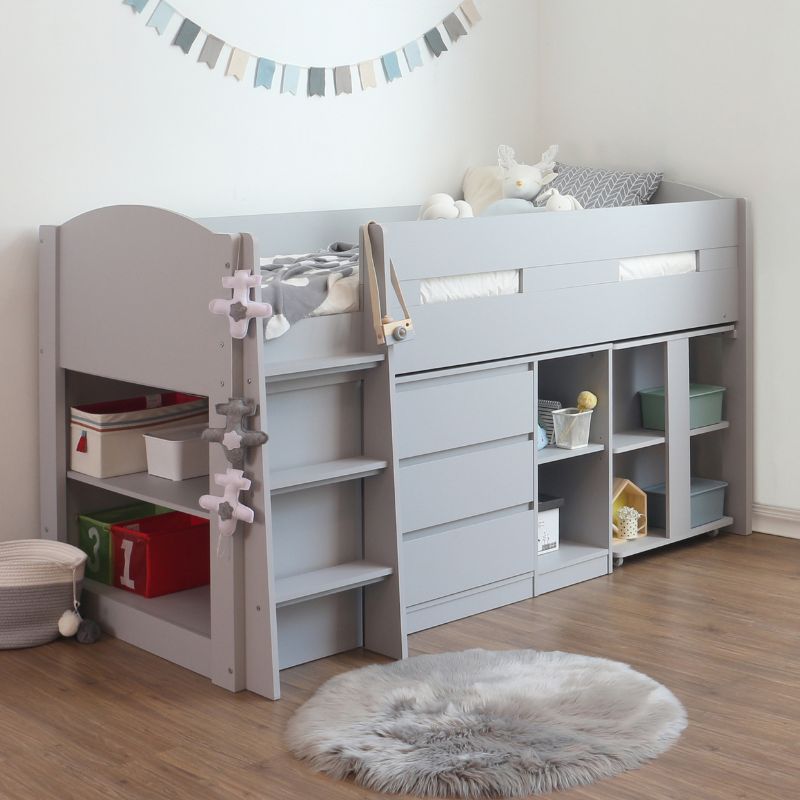 Flintshire Billie Grey Wooden Mid Sleeper Bed – Space-Saving Kids Bed Frame with Storage Options