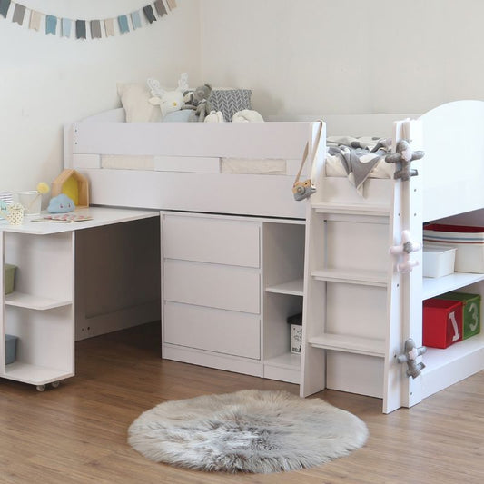 Flintshire Billie White Wooden Mid Sleeper Bed – Space-Saving Kids Bed Frame with Storage Options