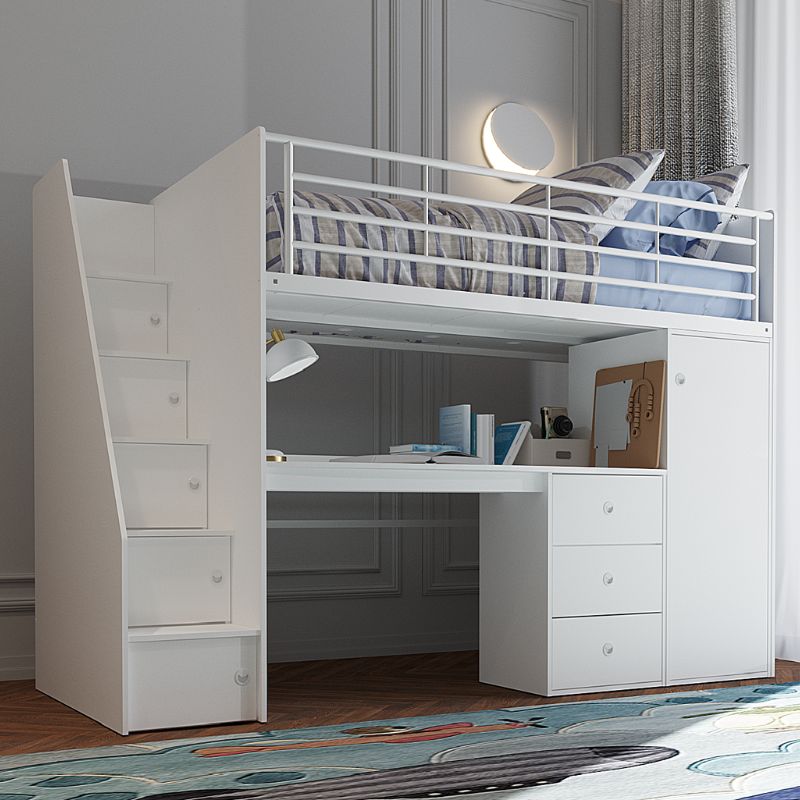 White loft bed with desk in a room setting