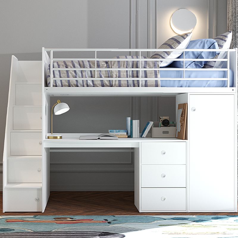 White loft bed with desk and storage drawers in a room setting.