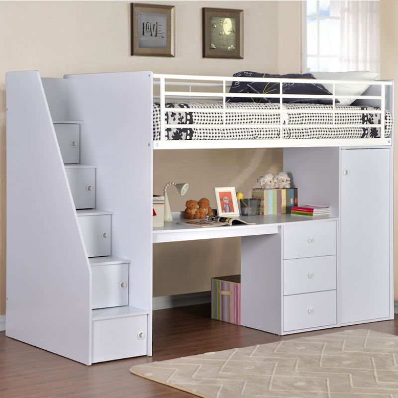 White loft bed with desk and stairs in a room setting