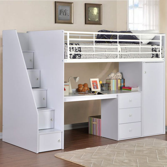 White loft bed with desk and stairs in a room setting