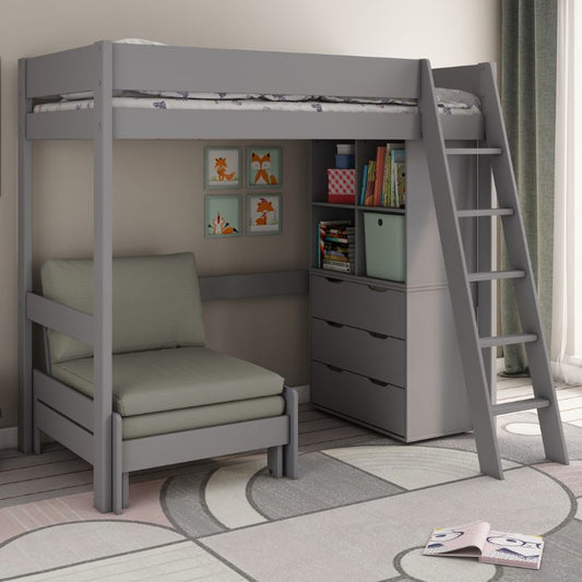 Kids Avenue Estella Grey High Sleeper with Sofa Bed, Chest & Cube Storage