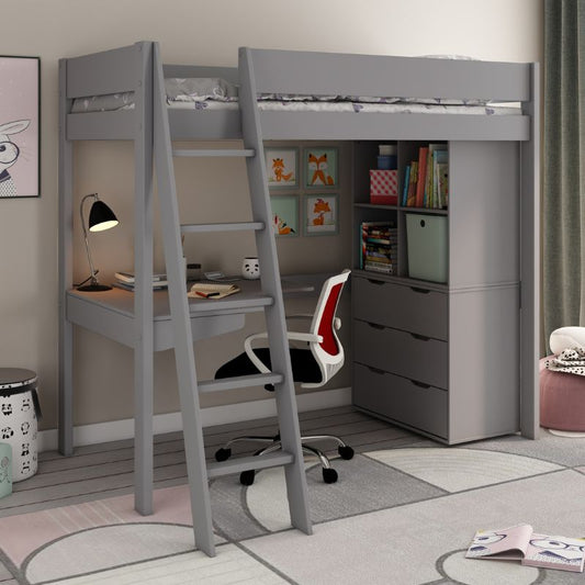 Kids Avenue Estella Grey High Sleeper with Chest, Cube Storage & Corner Desk
