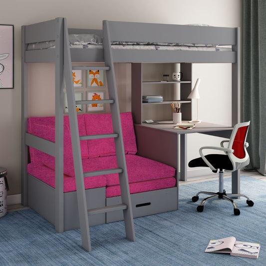 Kids Avenue Estella Grey High Sleeper with Desk & Pink Futon