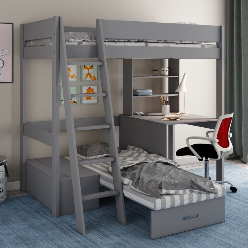 Kids Avenue Estella Grey High Sleeper with Desk & Silver Futon