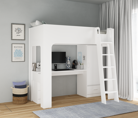 Flintshire Eden White Wooden High Sleeper Bed with Desk and Storage