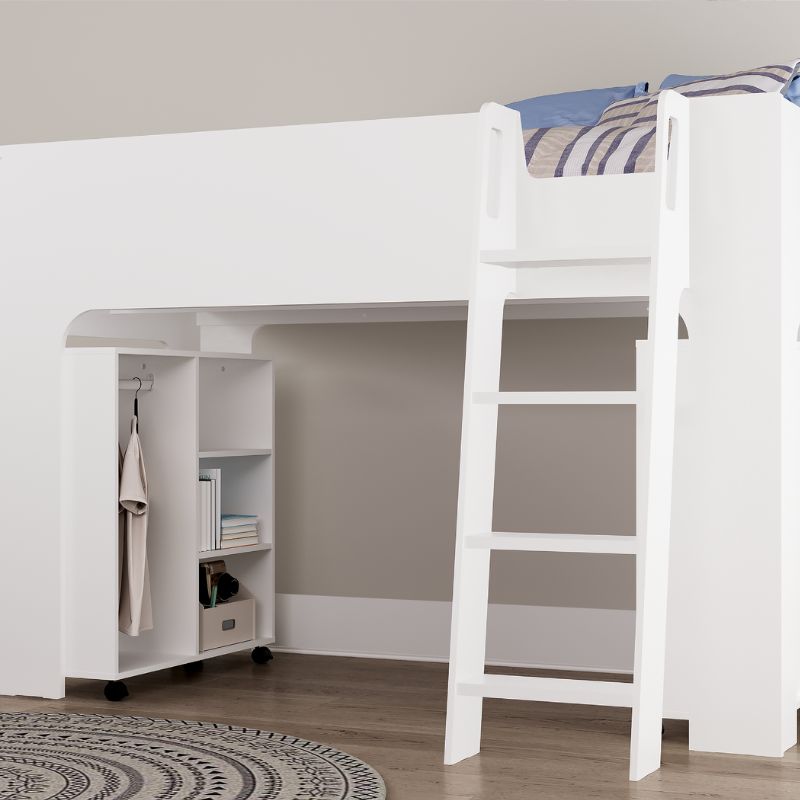 White loft bed with desk and ladder in a room setting