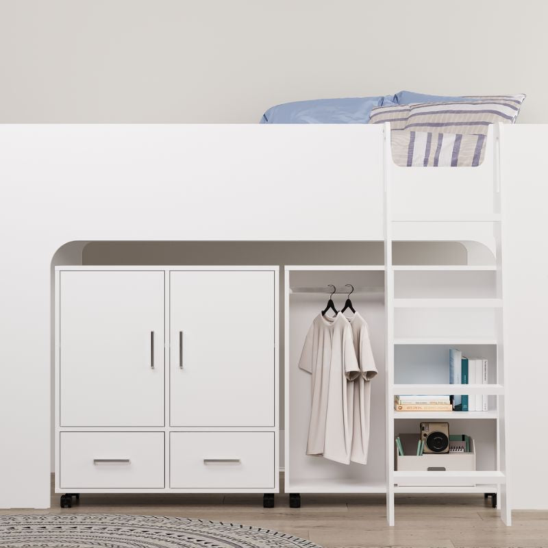 Multi-functional furniture with wardrobe, shelves, and a bed on a white background
