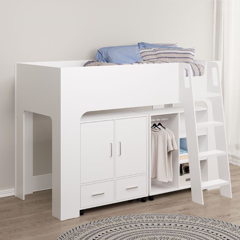 White loft bed with desk and storage cabinets in a room.
