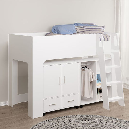 White loft bed with desk and storage cabinets in a room.