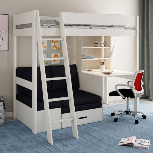 Kids Avenue Estella White High Sleeper with Desk & Black Futon