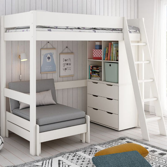 Kids Avenue Estella White High Sleeper with Sofa Bed, Chest & Cube Storage