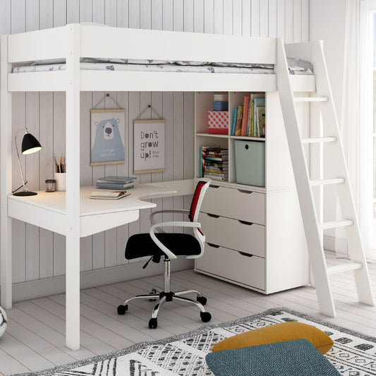 Kids Avenue Estella White High Sleeper with Chest, Cube Storage & Corner Desk