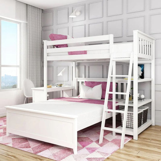 Children's L-Shaped Twin Over Full-Size Bunk Bed with Bookcase & Desk
