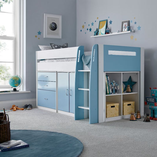 Bedmaster Lacy Blue Storage Mid Sleeper Bed with Drawers and Shelves – 3ft Single