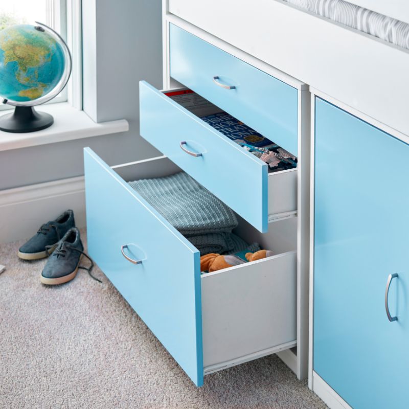 Bedmaster Lacy Blue Storage Mid Sleeper Bed with Drawers and Shelves – 3ft Single