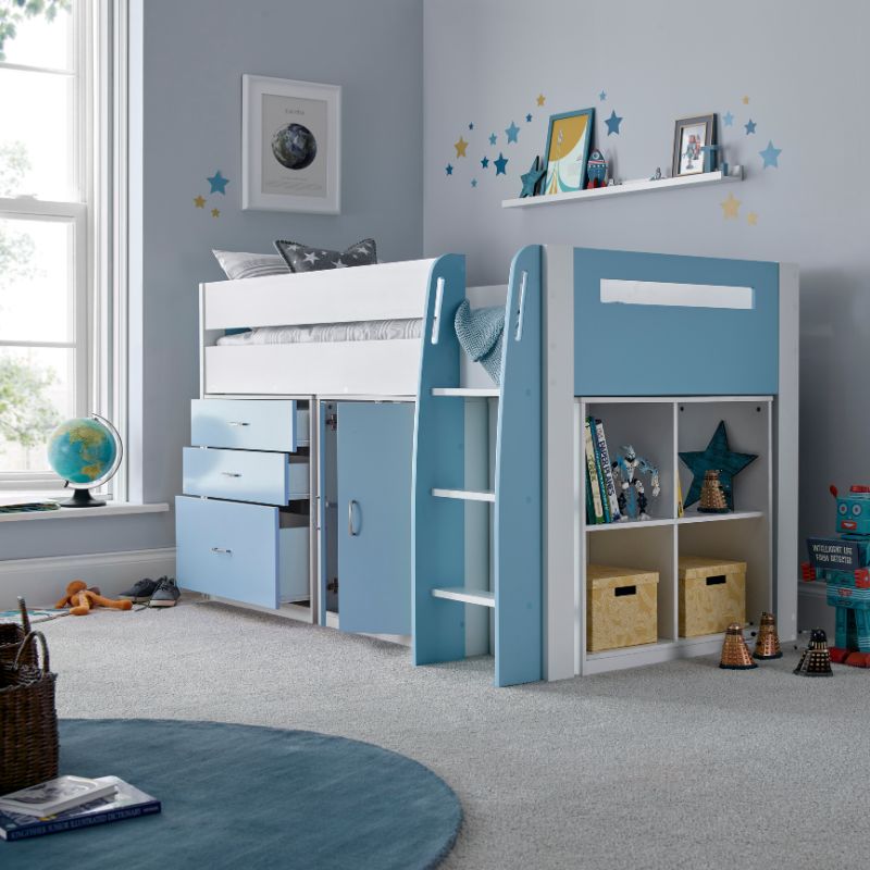 Bedmaster Lacy Blue Storage Mid Sleeper Bed with Drawers and Shelves – 3ft Single