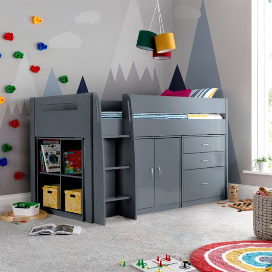 Bedmaster Lacy Grey Storage Mid Sleeper Bed with Drawers and Shelves – 3ft Single