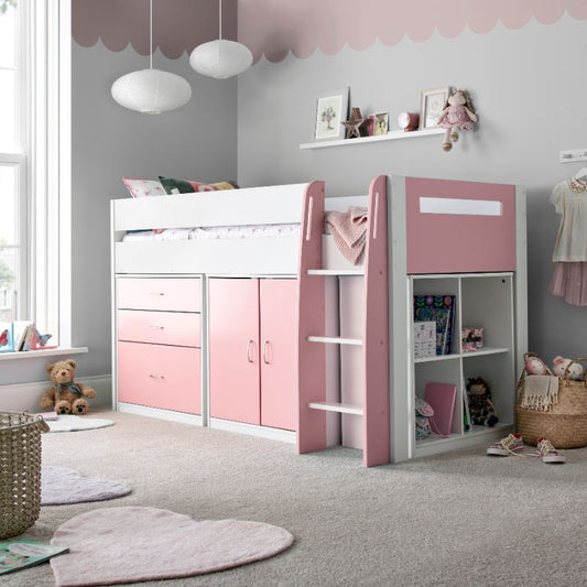 Bedmaster Lacy Pink Storage Mid Sleeper Bed with Drawers and Shelves – 3ft Single