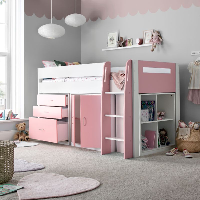 Bedmaster Lacy Pink Storage Mid Sleeper Bed with Drawers and Shelves – 3ft Single