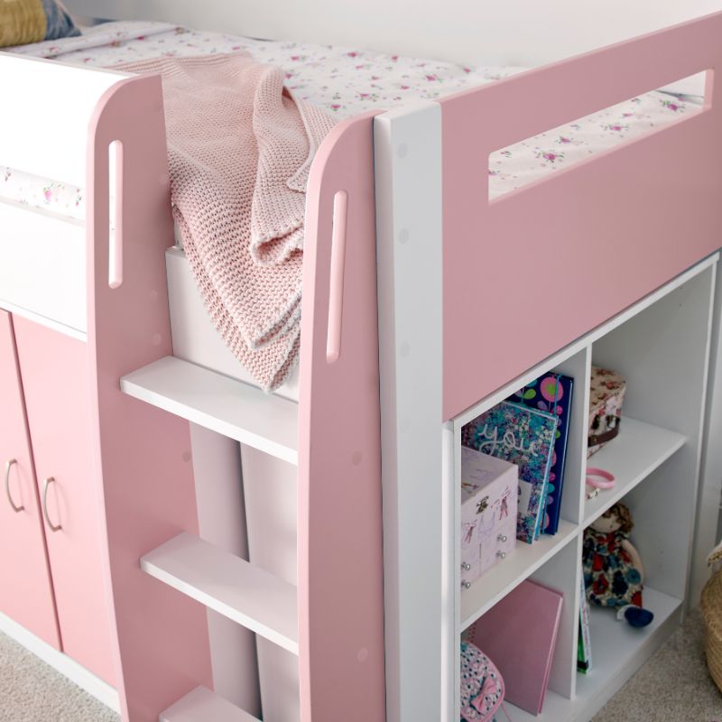 Bedmaster Lacy Pink Storage Mid Sleeper Bed with Drawers and Shelves – 3ft Single