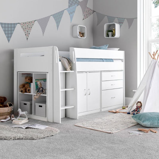 Bedmaster Lacy White Storage Mid Sleeper Bed with Drawers and Shelves – 3ft Single