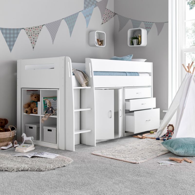 Bedmaster Lacy White Storage Mid Sleeper Bed with Drawers and Shelves – 3ft Single