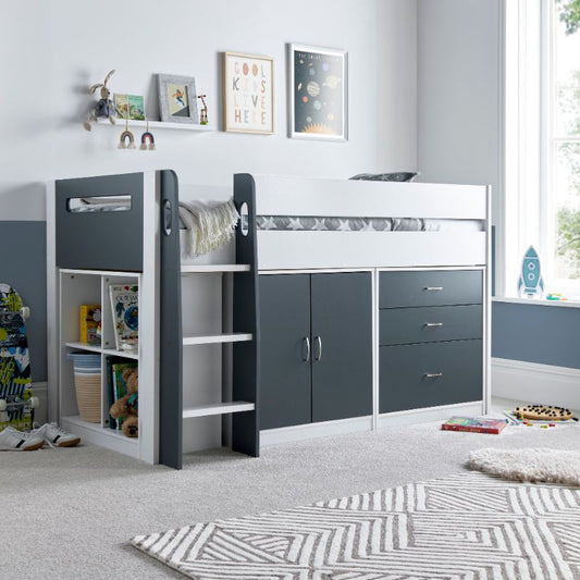 Bedmaster Lacy Grey and White Storage Mid Sleeper Bed with Drawers and Shelves – 3ft Single