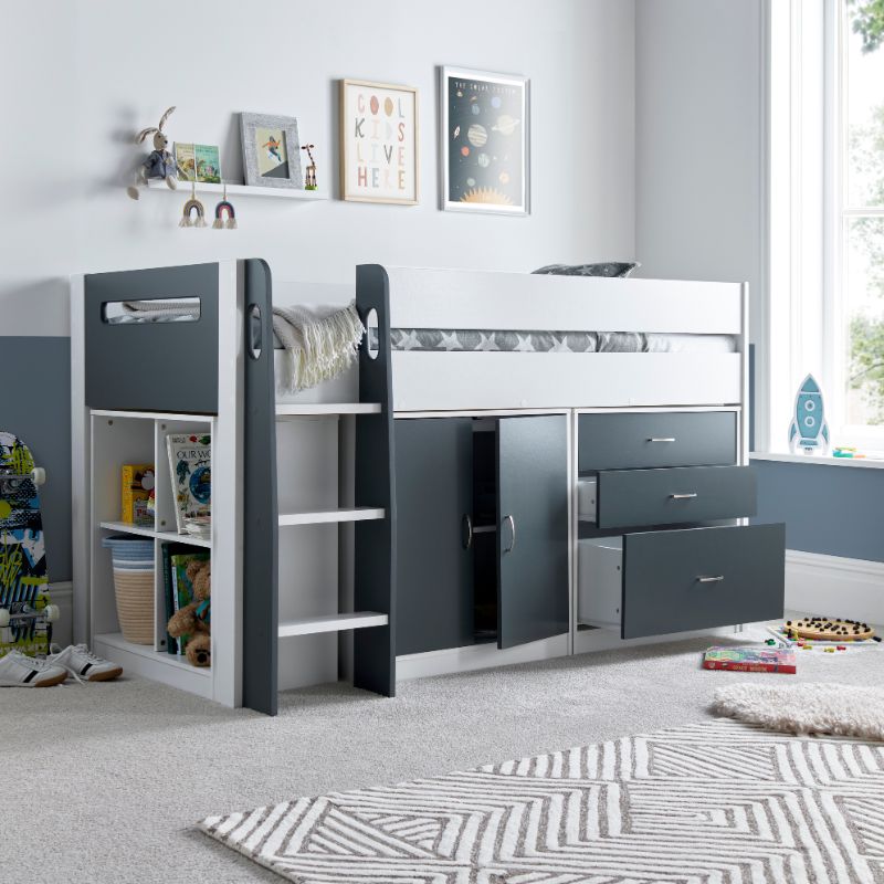 Bedmaster Lacy Grey and White Storage Mid Sleeper Bed with Drawers and Shelves – 3ft Single