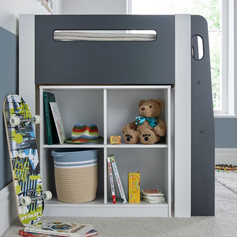 Bedmaster Lacy Grey and White Storage Mid Sleeper Bed with Drawers and Shelves – 3ft Single