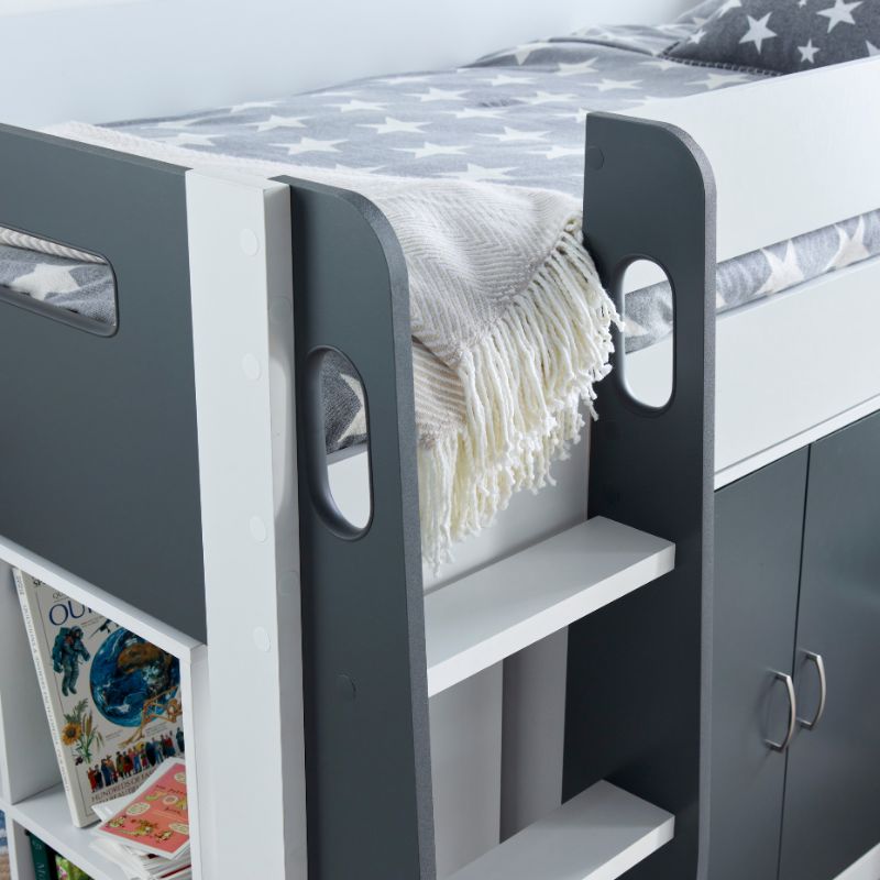 Bedmaster Lacy Grey and White Storage Mid Sleeper Bed with Drawers and Shelves – 3ft Single