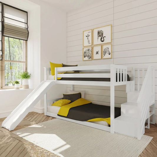 Low Twin Bunk Bed with Stairs and Slide