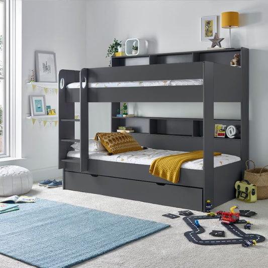 Bedmaster Oliver Grey Bunk Bed with Additional Drawer – Space-Saving Kids Bed with Pull-Out Storage