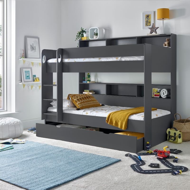 Bedmaster Oliver Grey Bunk Bed with Additional Drawer – Space-Saving Kids Bed with Pull-Out Storage