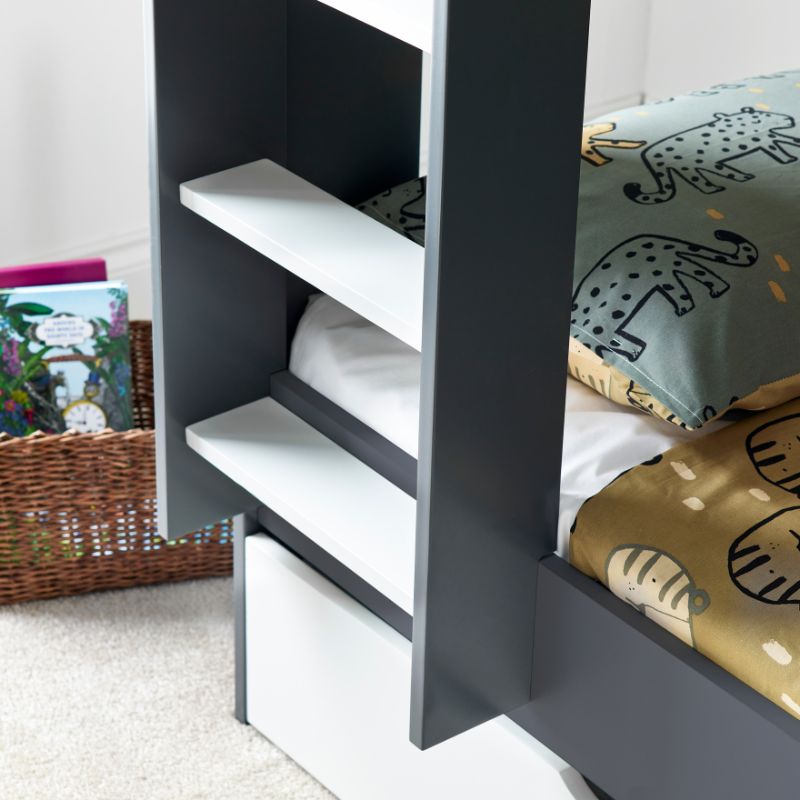Bedmaster Oliver Grey and White Bunk Bed with Additional Drawer – Space-Saving Kids Bed with Pull-Out Storage