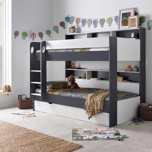 Bedmaster Oliver Grey and White Bunk Bed with Additional Drawer – Space-Saving Kids Bed with Pull-Out Storage