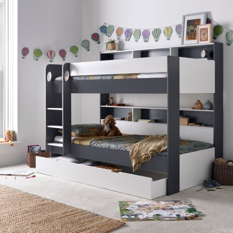 Bedmaster Oliver Grey and White Bunk Bed with Additional Drawer – Space-Saving Kids Bed with Pull-Out Storage