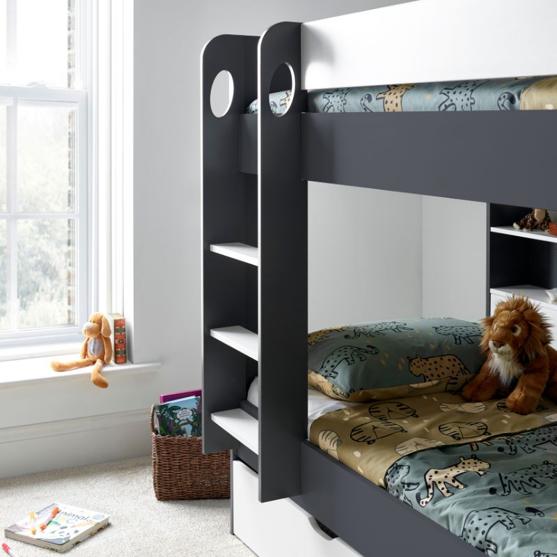 Bedmaster Oliver Grey and White Bunk Bed with Additional Drawer – Space-Saving Kids Bed with Pull-Out Storage